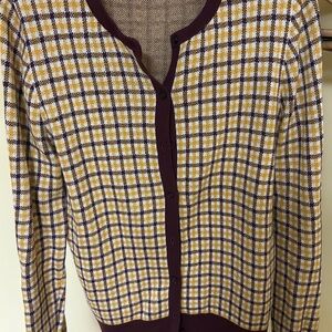 Ann Taylor Plaid Cotton Cardigan Sweater Large Burgundy